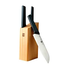 Набор стальных ножей HuoHou 4-Piece Kitchen Knife Set Lite (HU0059) (3 ножа + подставка из сосны) (Black) RU - Фото