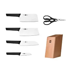 Набор стальных ножей HuoHou 6-Piece Kitchen Knife Set Lite (HU0058) (4 ножа + ножницы + подставка из сосны) (Black) RU - Фото
