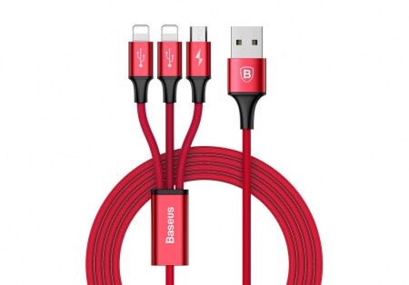 Кабель USB BASEUS Rapid 3-in-1, USB - MicroUSB  2Lightning, 3A, 1.2 м, красный - 1