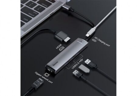 Переходник BASEUS mechanical eye 6-in-1, Разветвитель, Type-C - 3xUSB3.0  HDMI  RJ45  PD, серый - 7