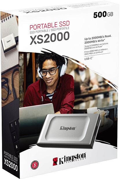 Твердотельный накопитель Kingston SSD XS2000, 1000GB, Portable Type-C, USB 3.2 Gen 2x2, R/W 2000/2000MB/s, IP55, 70x33x14mm, Silver - 1