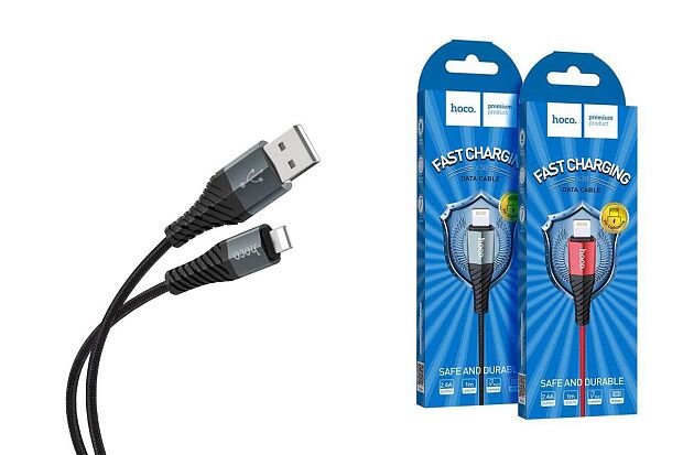 USB кабель HOCO X38 Cool Lightning 8-pin, 2.4А, 1м, нейлон (черный) - 2