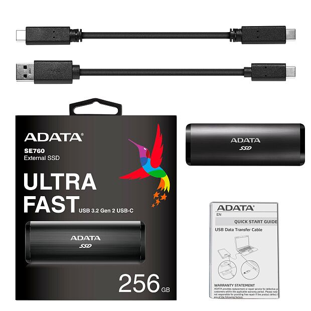 Твердотельный накопитель ADATA External SSD SE760, 256GB, Type-C, USB 3.2 Gen2, R/W 1000/800 MB/s, 122x44x14mm, Black - 7