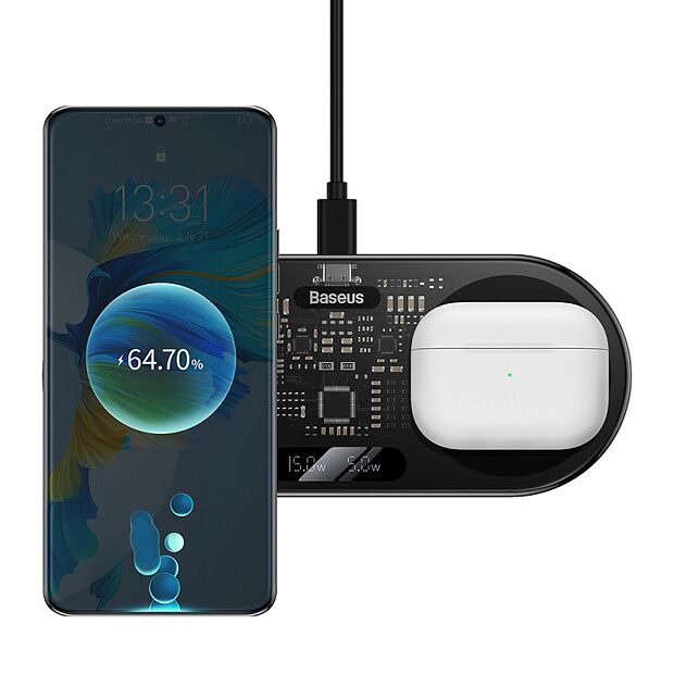 Беспроводное зарядное устройство BASEUS Digital LED Display 2in1 Wireless Charger 20W Universal version, 2A, 20W, черный - 7