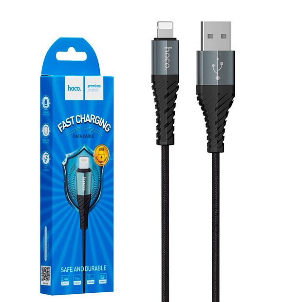 USB кабель HOCO X38 Cool Lightning 8-pin, 2.4А, 1м, нейлон (черный) - 5