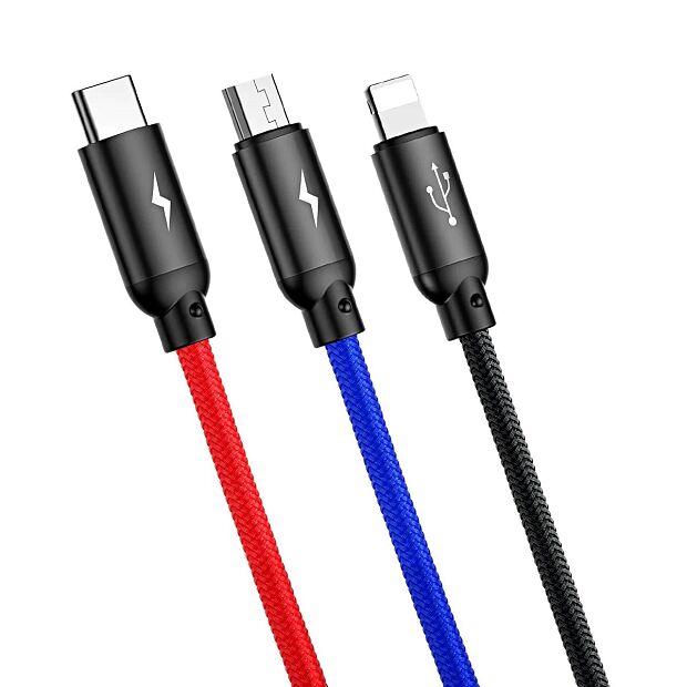 Кабель Baseus Three Primary Colors Series 3 в 1 USB - microUSB/USB Type-C/Lightning (CAMLT), 1.2 м, black/red/blue - 3