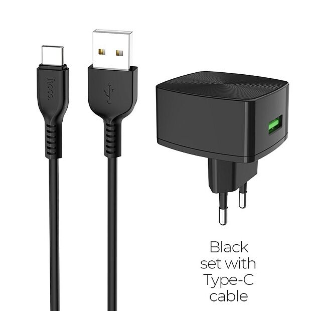СЗУ HOCO C70A Cutting-Edge 1xUSB, 3А, 18W, QC3.0  USB кабель Type-C, 1м (черный) - 1