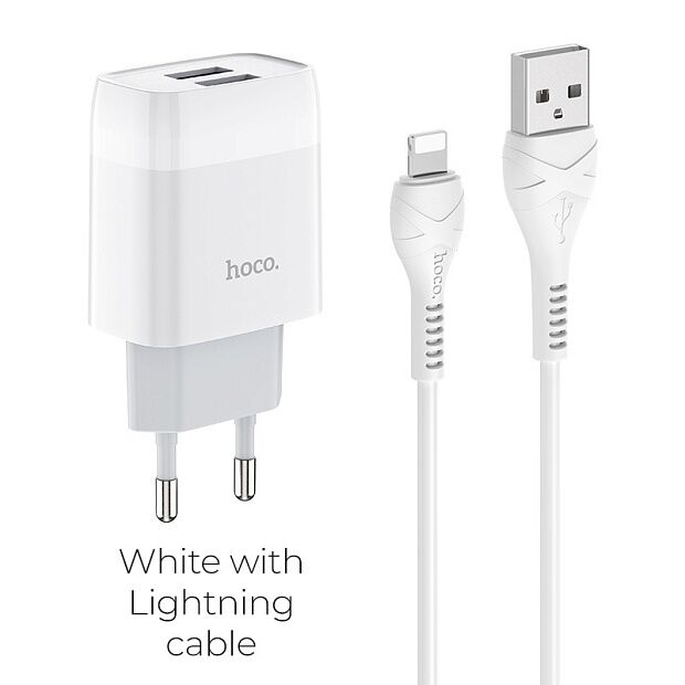 СЗУ HOCO C73A Glorious 2xUSB, 2.4А  USB кабель Lightning 8-pin, 1м (белый) - 1