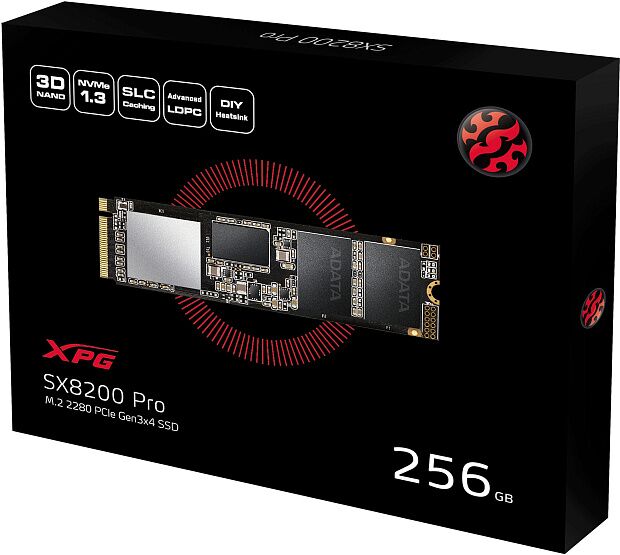 Твердотельный накопитель ADATA SSD SX8200Pro, 256GB, M.2(22x80mm), NVMe 1.3, PCIe 3.0 x4, 3D TLC, R/W 3500/1200MB/s, IOPs 220 000/290 000, DRAM buffe : характеристики и инструкции - 1