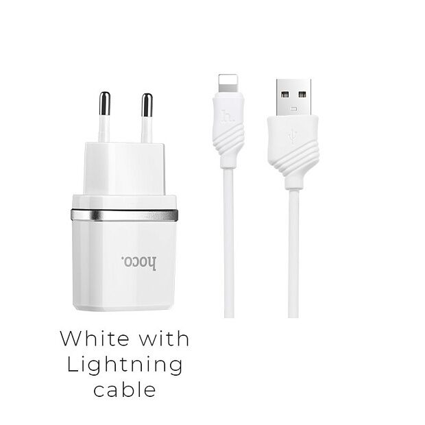 СЗУ HOCO C12 Smart 2xUSB, 2.4А  USB кабель Lightning 8-pin, 1м (белый) - 1