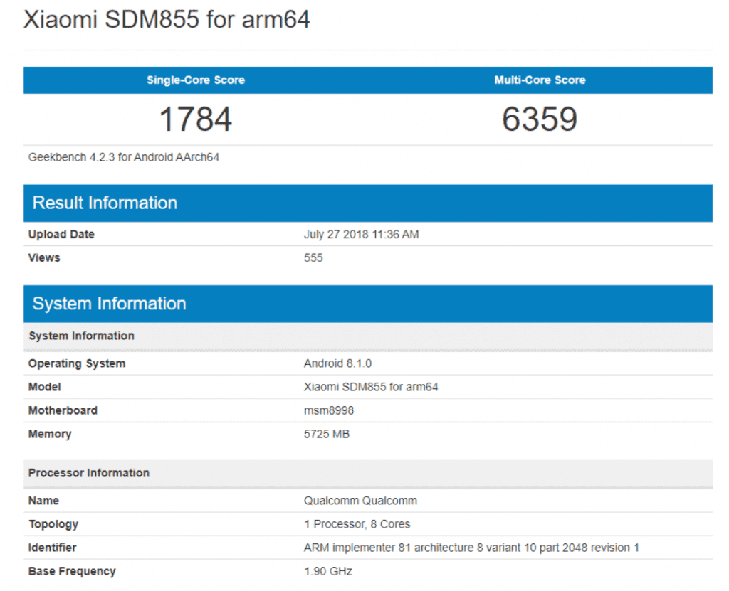 Xiaomi SDM855 для arm64 на Geekbench