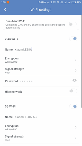Перечень настроек сети Wi-Fi в мобильном приложении для роутера Сяоми Mi Router HD 1 Tb