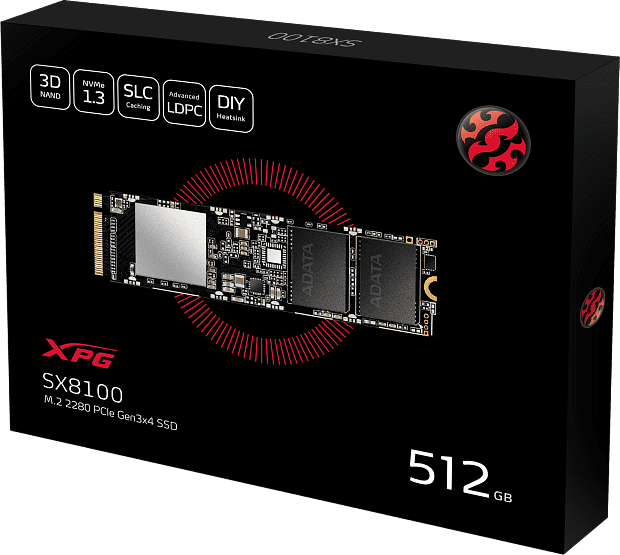 Твердотельный накопитель ADATA SSD SX8100, 512GB, M.2(22x80mm), NVMe 1.3, PCIe 3.0 x4, 3D TLC, R/W 3500/1900MB/s, IOPs 300 000/240 000, DRAM buffer, - 1