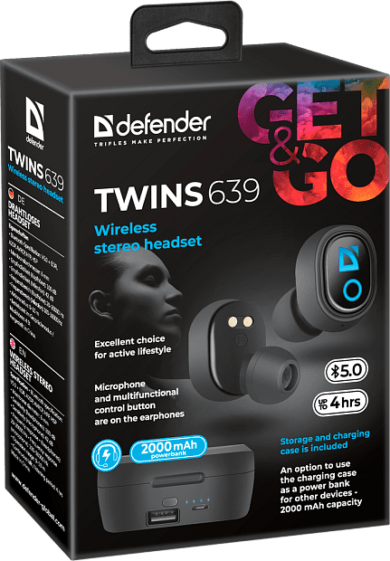 Defender Беспроводная гарнитура Twins 639 черный,TWS, PB, Bluetooth - 11