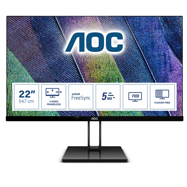 Монитор AOC 22V2Q 21.5 16:9 1920х1080(FHD) IPS, nonGLARE, 250cd/m2, H178/V178, 1000:1, 20М:1, 16.7M, 5ms, HDMI, DP, Tilt, Speakers, 3Y, Black - 2