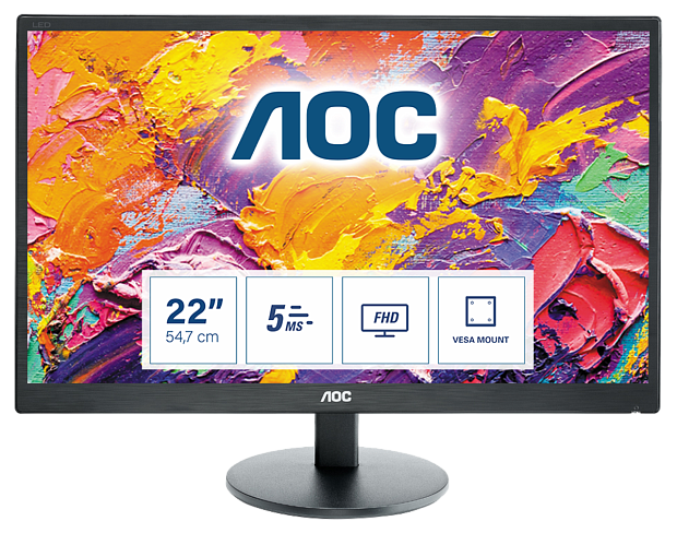 Монитор AOC E2270SWHN 21.5 16:9 1920х1080(FHD) TN, nonGLARE, 60 Гц, 200cd/m2, H90/V65, 700:1, 20M:1, 16.7M, 5ms, VGA, HDMI, Tilt, Audio out, 3Y, - 2