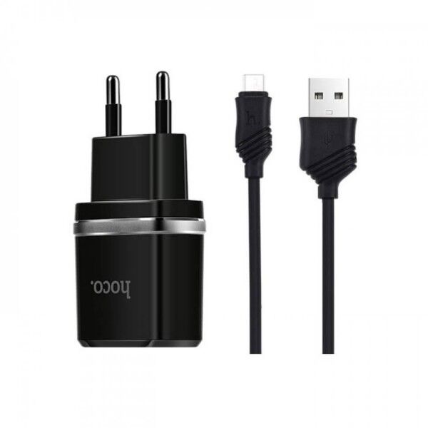 СЗУ HOCO C12 Smart 2xUSB, 2.4А  USB кабель MicroUSB, 1м (черный) - 1