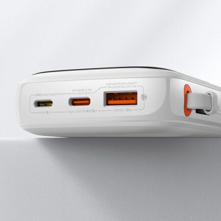 Портативный аккумулятор BASEUS Qpow Pro Digital Display Fast Charge 20W iP Edition, 3A, 10000 мА⋅ч, белый, с кабелем Typ - 5