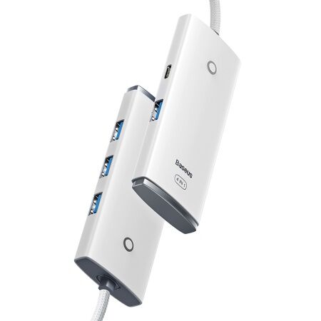 Переходник/Адаптер BASEUS Lite Series 4-Port, Разветвитель, Type-C - 4xUSB3.0, белый, кабель 0,25см - 7 Переходник/Адаптер BASEUS Lite Series 4-Port, Разветвитель, Type-C - 4xUSB3.0, белый, кабель 0,25см - 7