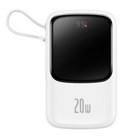 Портативный аккумулятор BASEUS Qpow Pro Digital Display Fast Charge 20W iP Edition, 3A, 10000 мА⋅ч, белый, с кабелем Typ - 1