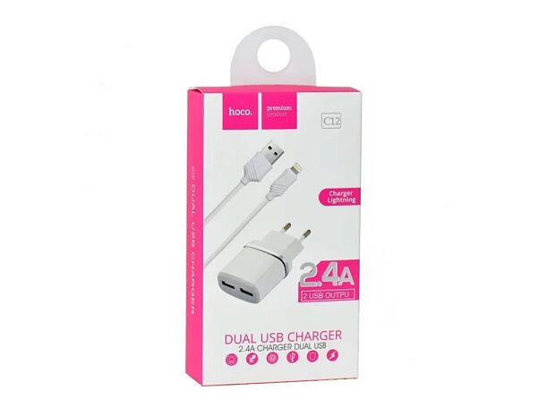 СЗУ HOCO C12 Smart 2xUSB, 2.4А (белый) - 2 СЗУ HOCO C12 Smart 2xUSB, 2.4А (белый) - 2