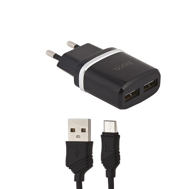 СЗУ HOCO C12 Smart 2xUSB, 2.4А  USB кабель MicroUSB, 1м (черный) - 3