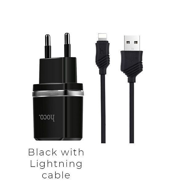 СЗУ HOCO C12 Smart 2xUSB, 2.4А USB кабель Lightning 8-pin, 1м (черный) - 2 СЗУ HOCO C12 Smart 2xUSB, 2.4А USB кабель Lightning 8-pin, 1м (черный) - 2