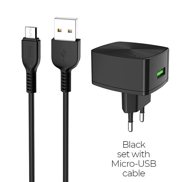 СЗУ HOCO C70A Cutting-Edge 1xUSB, 3А, 18W, QC3.0  USB кабель MicroUSB, 1м (черный) - 1