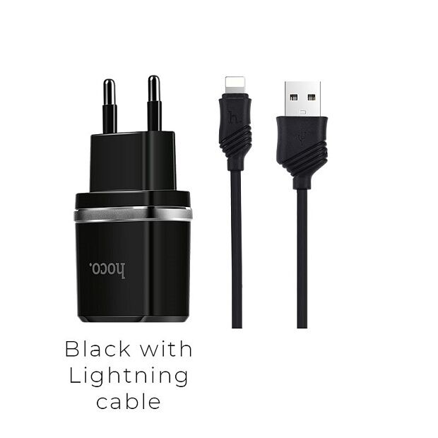 СЗУ HOCO C12 Smart 2xUSB, 2.4А  USB кабель Lightning 8-pin, 1м (черный) - 1