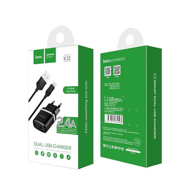 СЗУ HOCO C12 Smart 2xUSB, 2.4А  USB кабель Lightning 8-pin, 1м (черный) - 3