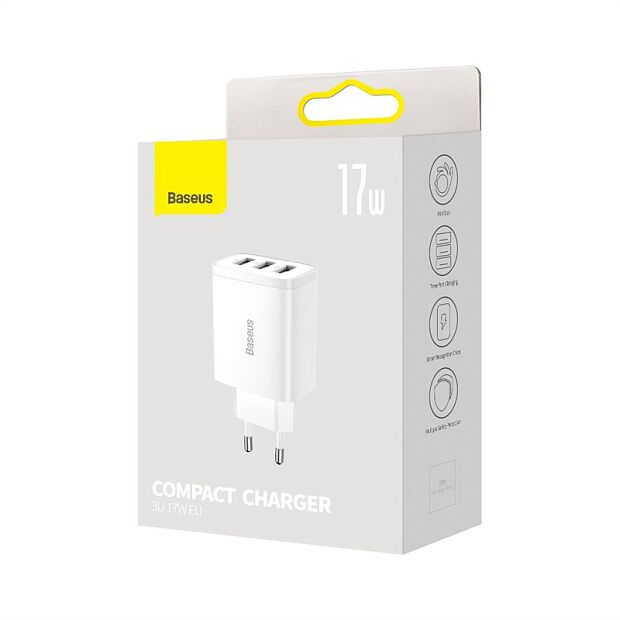 Зарядное устройство BASEUS Compact Charger 3U 3USB, 3.4A, 17W, белый (CCXJ020102) - 6 Зарядное устройство BASEUS Compact Charger 3U 3USB, 3.4A, 17W, белый (CCXJ020102) - 6
