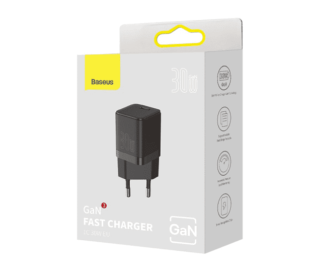 Зарядное устройство BASEUS GaN3 USB-C, 3A, 30W, черный (CCGN010101) - 7 Зарядное устройство BASEUS GaN3 USB-C, 3A, 30W, черный (CCGN010101) - 7